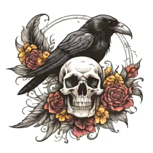 the skull of a raven surrounded by wild flowers tattoo design idea
