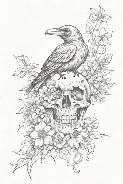 witchy raven skull surrounded by wild flowers tattoo design idea