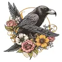 the skull of a raven surrounded by wild flowers tattoo design idea