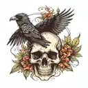 the skull of a raven surrounded by wild flowers tattoo design idea