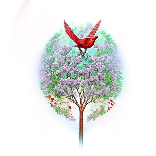 Tree of Life with M C J S and a red cardinal tattoo design idea