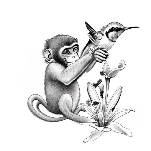 monkey holding lily with a hummingbird tattoo design idea