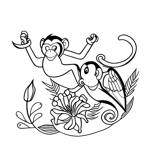 monkey holding lily with a hummingbird tattoo design idea