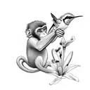 monkey holding lily with a hummingbird tattoo design idea