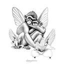 monkey holding lily with a hummingbird tattoo design idea