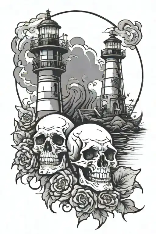 skulls lighthouse burned out candle tattoo design idea