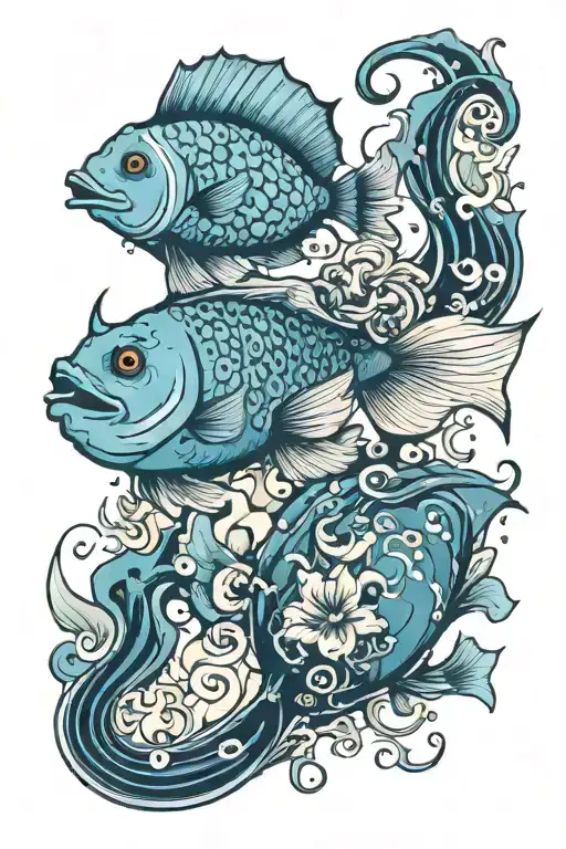 Blue fish which lies central to the composition. Surrounded by a jellyfish, turtle, manta ray, octopus, puffer fish  tattoo design idea