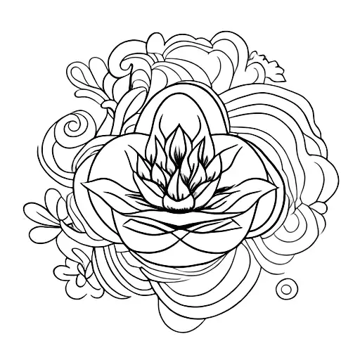 A minimalist tattoo of a reflective figure meditating in a serene flower garden, symbolizing inner peace and tranquility. tattoo design idea