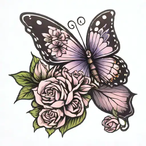 purple baby butterfly with roses and lotus flower tattoo design idea