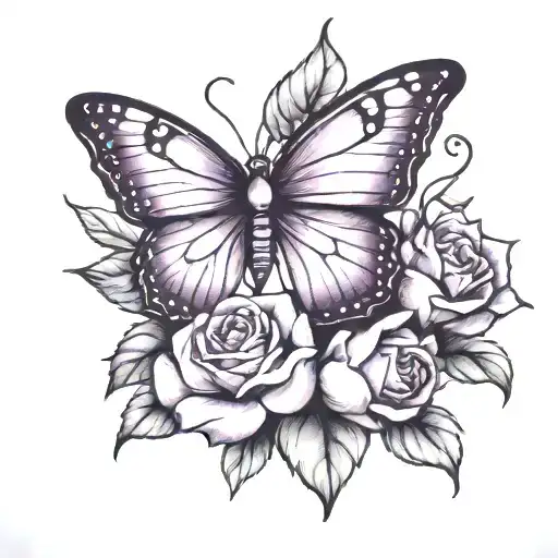 Baby purple butterfly with roses and a Lotus flower. tattoo design idea