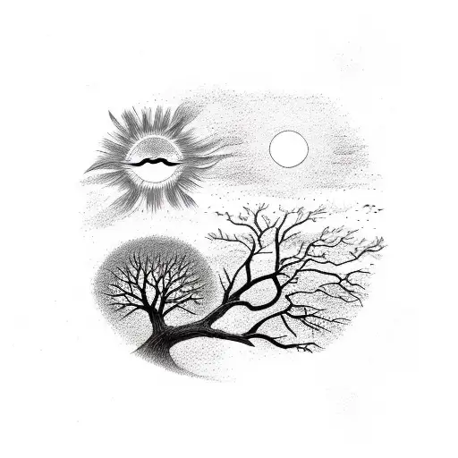 Tree of Life, two suns behind it, two paradise birds with long tales sitting on branches  tattoo design idea