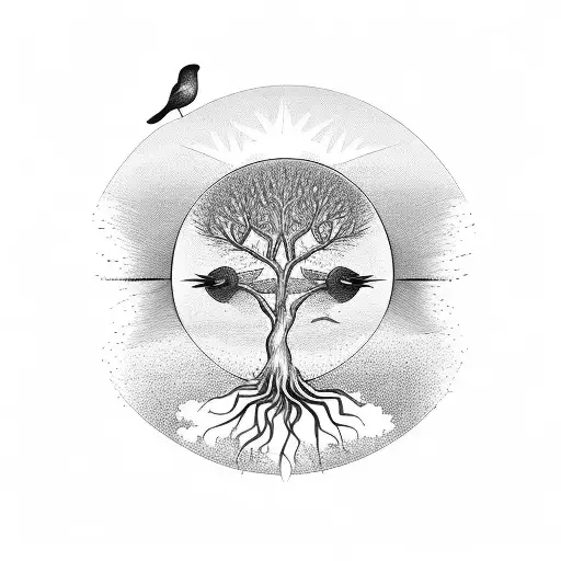 Tree of Life, two suns behind it, two paradise birds with long tales sitting on branches  tattoo design idea