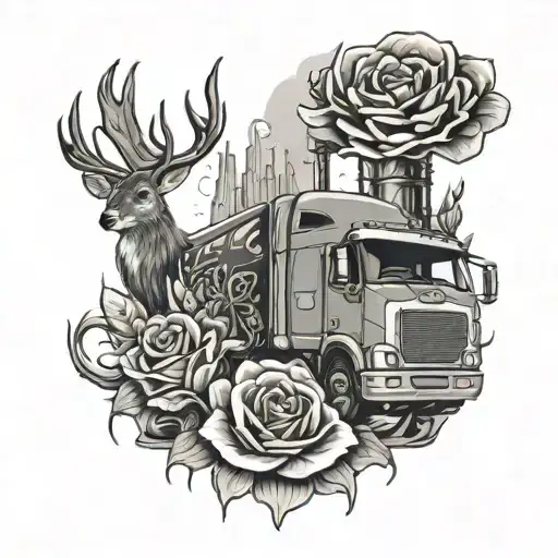 semi truck, oil rig, doves flying, lily flower, rose flower, deer antler,  tattoo design idea