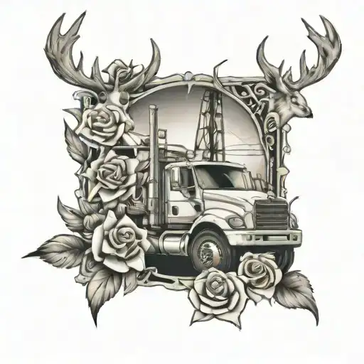 Oil Rig, Doves flying, Rose flower, Lily flower, Semi Truck, Deer antler tattoo design idea