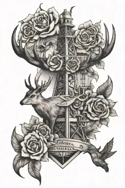 semi, oil rig, dove birds, lily flower, rose flower, deer antler,  tattoo design idea