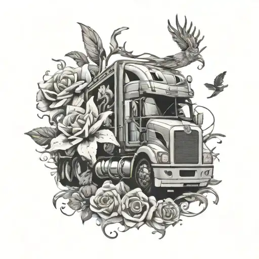 semi truck, oil rig, two doves flying, lily flower, rose flower, deer antler,  tattoo design idea