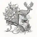semi truck, oil rig, dove birds, lily flower, rose flower, deer antler,  tattoo design idea