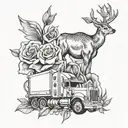 semi truck, oil rig, dove birds, lily flower, rose flower, deer antler,  tattoo design idea