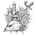 semi truck, oil rig, dove birds, lily flower, rose flower, deer antler,  tattoo design idea