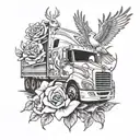 semi truck, oil rig, dove birds, lily flower, rose flower, deer antler,  tattoo design idea