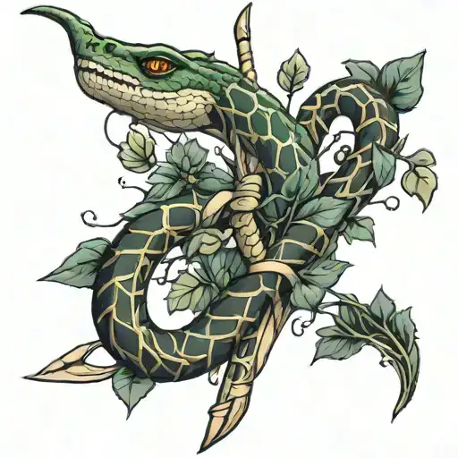 snake wrapped around bow and arrow with Ivy plant tattoo design idea