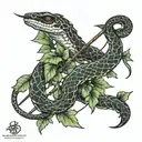 snake wrapped around bow and arrow with Ivy plant tattoo design idea