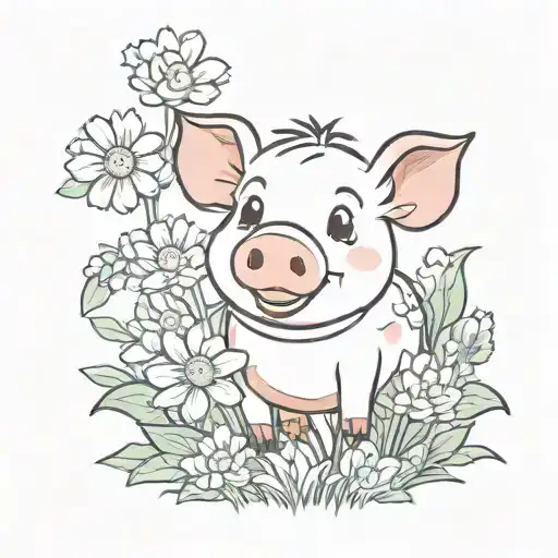 Cute cartoon pig in a field of flowers tattoo design idea