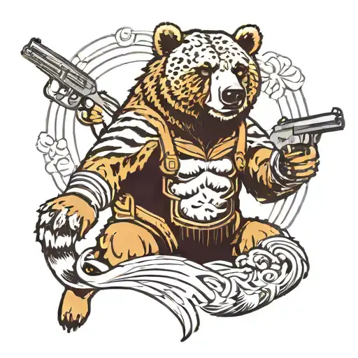 grizzly bear wearing tiger shorts shooting 2 handguns tattoo design idea