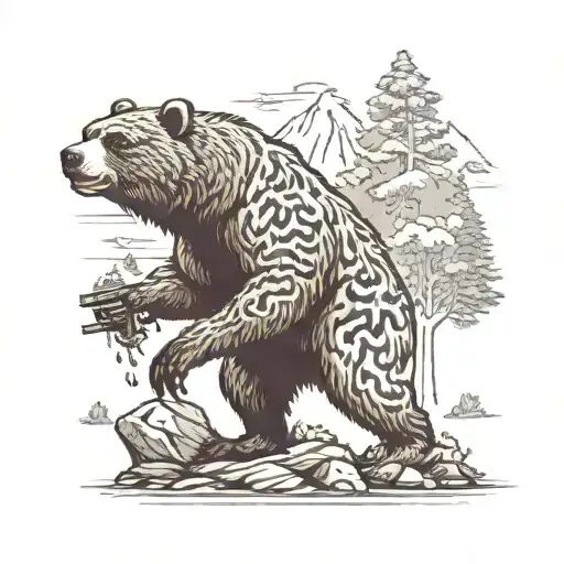 grizzly bear wearing tiger shorts shooting 2 handguns standing on top of a mountain of skulls tattoo design idea