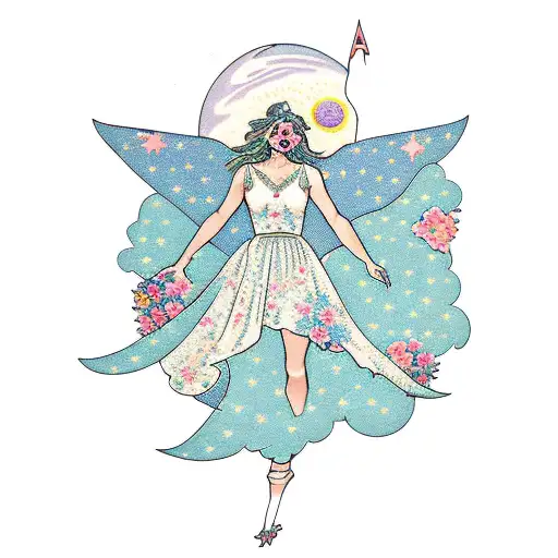 Virgo maiden on moon made of flowers with flowy dress extended arm reaching for the stars. have her legs dangling  tattoo design idea