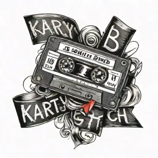 Design a tattoo with a cassette tape winding through the letters KARLY B*TCH tattoo design idea
