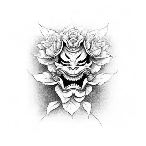 Hannya mask with roses tattoo design idea