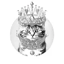 A cat wearing a crown, sitting on a throne made of metallic objects tattoo design idea