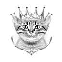 A cat wearing a crown, sitting on a throne made of metallic objects tattoo design idea