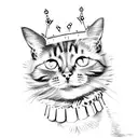 A cat wearing a crown, sitting on a throne made of metallic objects tattoo design idea