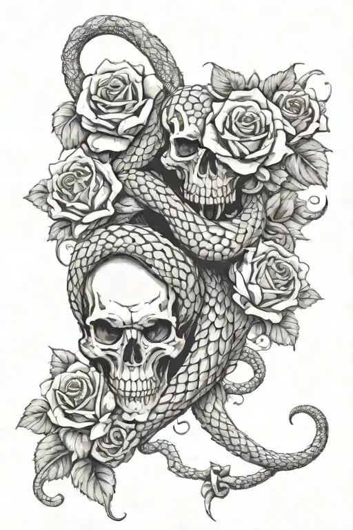 vicious snake wrapping around my arm with roses and skulls tattoo design idea