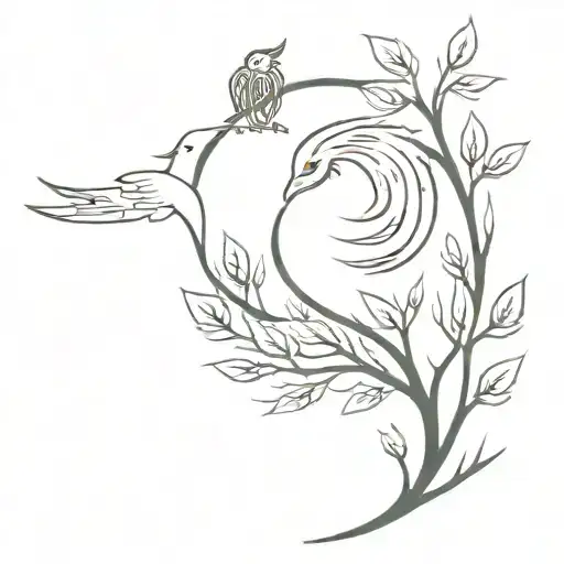 A minimalist tattoo featuring a phoenix rising from the fire with a book, a cedar tree growing from the heart of the book, a crow and an owl sitting on top of the tree, and a dragon holding a pen and a fiery flower tattoo design idea