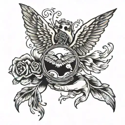 hand holding locket turning to ashes flying tattoo design idea