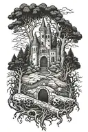 graveyard,forest, bones, castle, haunted  tattoo design idea
