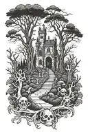 graveyard,forest, bones, castle, haunted  tattoo design idea