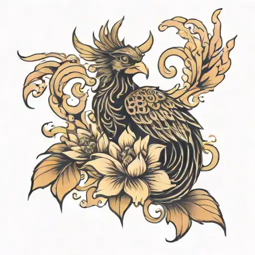phoenix and lotus flower large black tattoo design idea