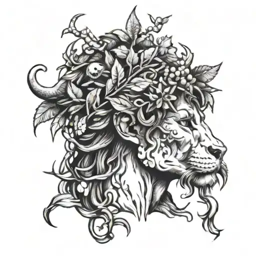 Dionysus wearing The Corona Borealis  and holding thyrsos with grapevines wrapping head and a panther emerging tattoo design idea