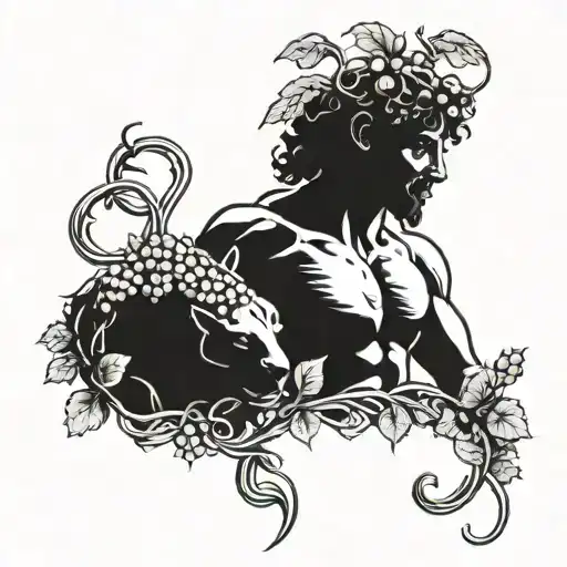 Dionysus holding thyrsus with grapevines wrapping head and panther emerging tattoo design idea