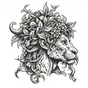 Dionysus wearing The Corona Borealis  and holding thyrsos with grapevines wrapping head and a panther emerging tattoo design idea