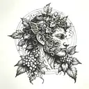 Dionysus wearing The Corona Borealis  and holding thyrsos with grapevines wrapping head and a panther emerging tattoo design idea