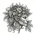 Dionysus wearing The Corona Borealis  and holding thyrsos with grapevines wrapping head and a panther emerging tattoo design idea