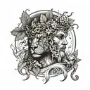 Dionysus wearing The Corona Borealis  and holding thyrsos with grapevines wrapping head and a panther emerging tattoo design idea