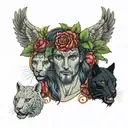 Dionysus bust with thyrsus and panther surrounded tattoo design idea