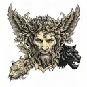 Dionysus bust with thyrsus and panther surrounded tattoo design idea