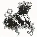 Dionysus holding thyrsus with grapevines wrapping head and panther emerging tattoo design idea